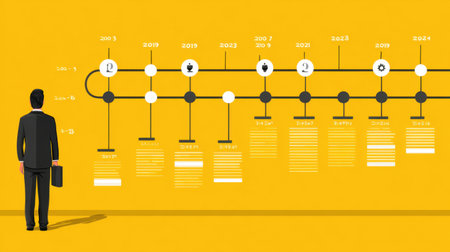 A professional man stands before an engaging timeline infographic, analyzing key events from 2019 to 2024. The bright yellow background enhances the modern business theme.の素材