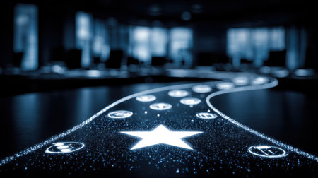 A captivating visual representation of a glowing path lined with star symbols, creating an enchanting atmosphere perfect for evoking creativity and inspiration in a modern setting.の素材