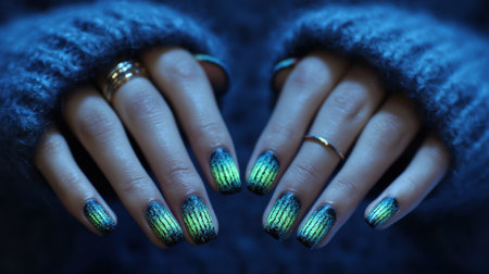 Close-up view of beautifully manicured nails with a captivating green and blue gradient, set against a cozy sweater background, showcasing elegance and style.の素材