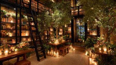 A tranquil reading nook featuring lush plants and colorful flowers, enhanced by soft candlelight and an extensive collection of books, perfect for relaxation and inspiration.の素材