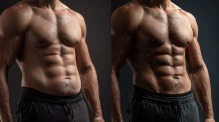 This image features a striking side-by-side comparison of a male physique, showcasing a journey of fitness transformation and body fat reduction under dramatic studio lighting.の素材