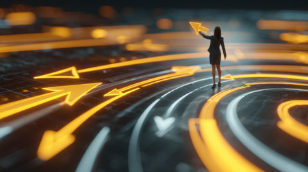 A businesswoman stands amidst a dynamic digital landscape, directing glowing arrows that symbolize growth and decision-making in a technology-driven world.の素材