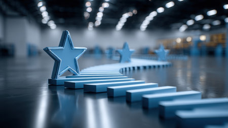 This image features blue stars and steps in a modern warehouse, showcasing a sense of progress and achievement in a dynamic business environment with elegant design elements.の素材
