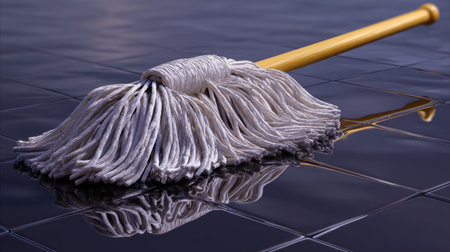 A detailed image of a mop resting on a glossy surface, showcasing perfect reflections. This visual represents cleanliness, ideal for various cleaning and maintenance themes.の素材