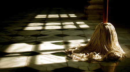 A serene image featuring a mop standing on a polished marble floor, bathed in soft light and shadow, creating an elegant atmosphere in an indoor setting.の素材