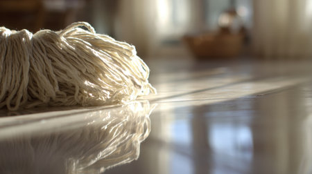 A close-up of a mop on a clean floor, highlighting the soft shadows and reflections created by natural light, evoking a sense of tranquility and freshness in a cozy indoor environment.の素材