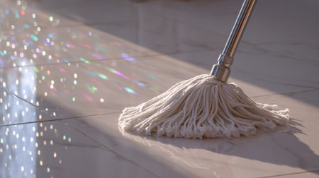 A serene scene of a white mop gently cleaning a polished floor, illuminated by sunlight, creating dazzling reflections and emphasizing a clean, hygienic home environment.の素材