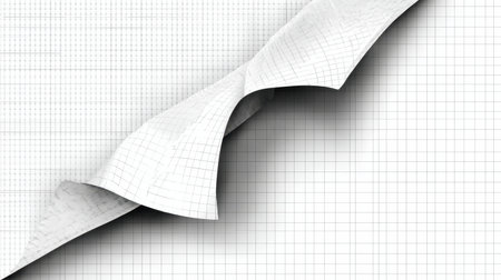 A modern abstract design that showcases curved white paper shapes against a subtle grid background, perfect for creative and minimalistic graphic presentations and projects.の素材