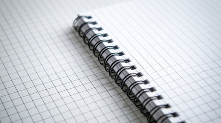 A close-up of a spiral bound notebook resting on a grid patterned surface. Perfect for students and professionals, this image evokes organization and creativity for various writing tasks.の素材