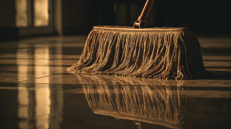 A close-up view of a classic mop resting on a reflective marble floor, showcasing a serene atmosphere and emphasizing the importance of cleanliness in home and office environments.の素材