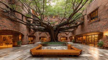 A stunning architectural courtyard featuring a large tree as its centerpiece, surrounded by warm brick walls and inviting seating, creating a peaceful and serene atmosphere.の素材