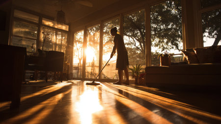 A serene scene of a woman cleaning the floor in a sunlit room, where warm light pours through large windows, creating a peaceful atmosphere filled with gentle shadows.の素材