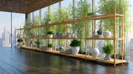 A stylish modern indoor shelving unit made of bamboo holds various potted plants, creating a serene atmosphere while highlighting a stunning city view through large windows.の素材