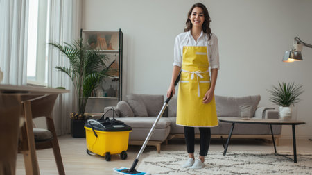 A cheerful woman in a yellow apron stands in her stylish living room, mopping the floor with a bucket nearby, illustrating the joy of home cleaning and maintaining a tidy environment.の素材