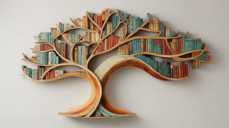This artistic depiction of a tree made from vibrant books showcases the beauty of growth and knowledge, perfect for themes of education and creativity in modern decor.の素材