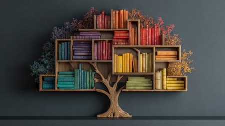 Unique wooden bookshelf designed in the shape of a tree, featuring colorful books and natural elements, ideal for adding a creative touch to any interior space.の素材