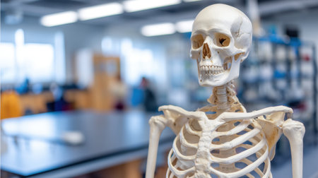 Human skeleton model displayed in a science laboratory. Ideal for educational purposes, this anatomical representation aids in learning about human body structure and function.の素材