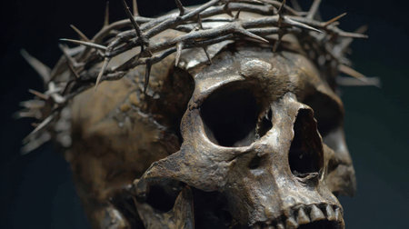 A haunting depiction of a skull adorned with a thorn crown, rich in symbolism and evoking deep themes of mortality, sacrifice, and philosophical reflection against a dark, atmospheric backdrop.の素材