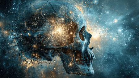 This stunning image features a skull amidst a cosmic backdrop, blending elements of mystery and spirituality, inviting viewers to ponder the connection between life, death, and the universe.の素材