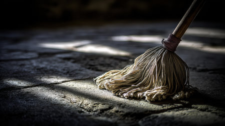 A serene image showing a mop on a stone floor, illuminated by natural light, capturing the essence of cleanliness and the beauty in simple cleaning tasks.の素材