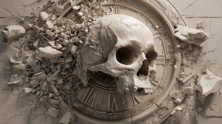 This captivating artwork features a skull emerging from a clock face, symbolizing the inevitable passage of time and the fragility of life, surrounded by fragmented elements that enhance its surreal essence.の素材