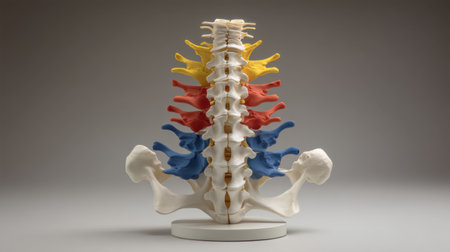 Anatomical model showcasing the human spine with distinctly colored vertebrae representing different regions, ideal for education and medical study.の素材