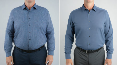 Showcase of two dress shirts for men, featuring a blue checkered pattern and a solid blue option, perfect for various occasions from professional to casual settings.の素材