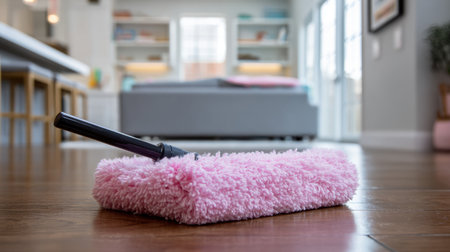 A soft pink cleaning roller rests on a wooden floor, enhancing the modern living room's aesthetic while symbolizing effective home maintenance and cleanliness.の素材