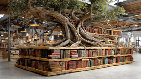 A stunning library features a massive tree at its center, intricately intertwined with a wooden bookshelf, creating a warm and inviting space for reading and learning.の素材