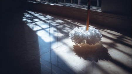 This image showcases a white dust mop positioned on a marble floor, highlighting play of light and shadow, emphasizing cleanliness and domestic care within a serene environment.の素材
