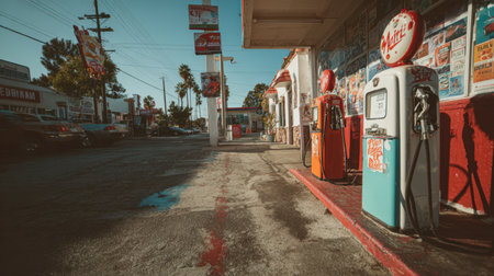 Charming vintage gas station scene featuring colorful pumps and a bustling urban backdrop, representing a slice of Americana culture and nostalgic highway adventures.の素材