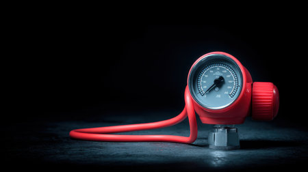 A detailed close-up of a red pressure gauge on a dark surface highlighting its importance in measuring pressure for various applications in industries and maintenance tasks.の素材
