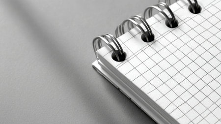 This image features a close-up of a spiral bound notebook filled with grid paper, set against a smooth grey background, perfect for various creative and organizational tasks.の素材