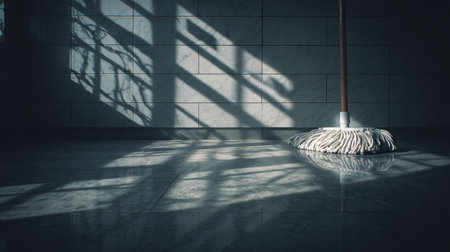 This image captures a cleaning mop in a minimalist interior, creating striking shadows on a polished floor, evoking a sense of calm and cleanliness in a modern space.の素材