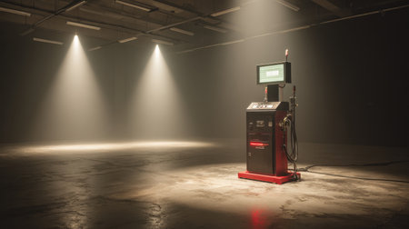 An isolated fuel pump stands in a dimly lit garage, highlighted by soft spotlight beams, creating an industrial atmosphere ideal for various applications.の素材