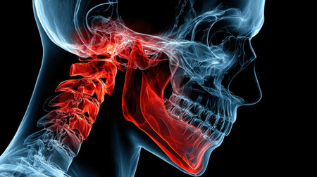 This vibrant illustration showcases the human skeleton, focusing on the jaw and neck, emphasizing anatomical details through transparency and color contrast. Perfect for educational use.の素材