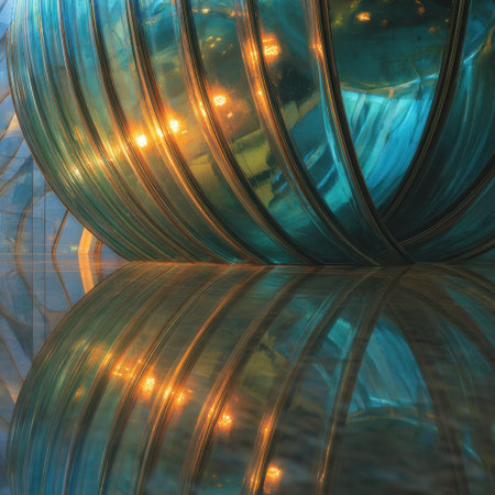 This captivating image features a stunning glass structure reflecting warm lighting and illuminated orbs, showcasing modern architectural beauty and artistic design in a tranquil setting.の素材