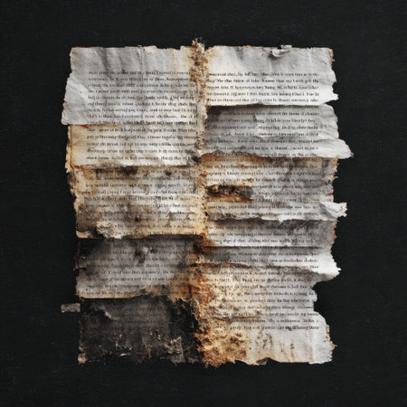 This striking image showcases an ancient manuscript page with worn edges and faded text, set against a dark background, encapsulating timeless historical charm and mystery.の素材