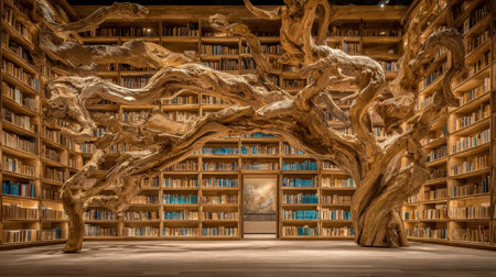 Discover a stunning library interior featuring an intricate wooden tree structure that adds a natural touch to the cozy reading environment amid abundant shelves of books.の素材