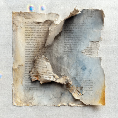 A vivid image of a torn and burned piece of vintage paper with visible text, perfect for artistic projects, backgrounds, or typography designs to evoke history and creativity.の素材