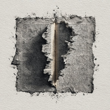 An abstract representation of a torn page showcasing frayed edges and faded text, evoking themes of time, knowledge, and forgotten stories through artistic expression.の素材