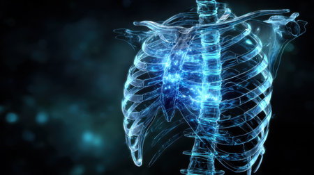 Explore a stunning illustration of the human ribcage and lungs, highlighting the intricate structure of the respiratory system with a captivating light effect and modern aesthetic.の素材