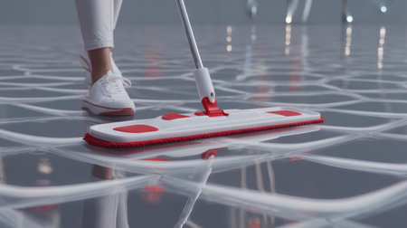 A person is seen using a modern mop on a shiny floor, emphasizing effortless cleaning in a sleek, contemporary setting, ideal for home and lifestyle visuals.の素材