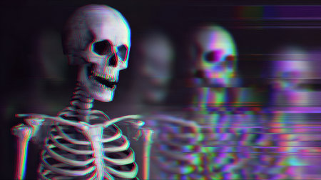 This captivating image showcases a skeleton in a striking abstract style, incorporating motion blur effects to enhance the visual representation of human anatomy for educational and artistic use.の素材