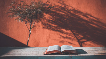 A serene composition featuring an open book resting on a table, with its pages illuminated by soft light, casting a gentle shadow of a tree against a vibrant orange wall.の素材