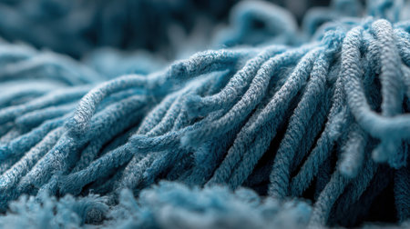 Explore the intricate details of soft blue yarn fibers in this close-up image, ideal for crafting inspirations and artistic projects in a cozy, creative environment.の素材