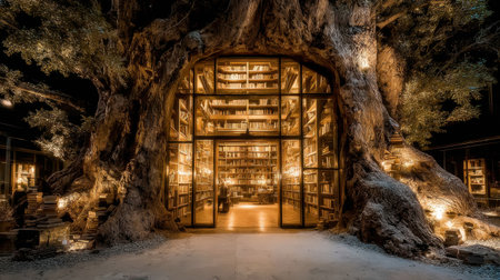 A magical library set within a grand old tree radiates warmth at night, featuring shelves lined with books, inviting readers to explore its enchanting atmosphere and tranquil surroundings.の素材