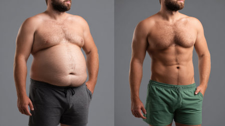 This image depicts a man's impressive transformation, showcasing a fitness journey through a before and after comparison, inspiring viewers toward health and wellness.の素材