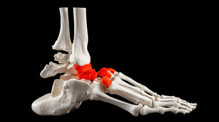 This anatomical model displays the intricate structure of the human foot and ankle, emphasizing bones, joints, and ligaments for educational and research applications in medicine.の素材