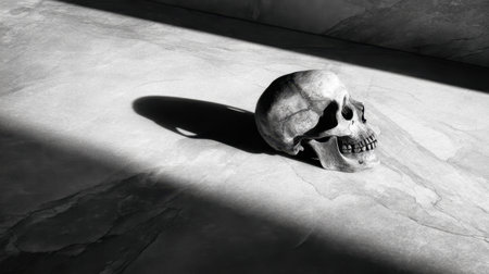 A haunting image of a skull resting on a sleek marble surface, captured in shadow and light creating a dramatic effect, ideal for artistic, horror, or thematic projects.の素材
